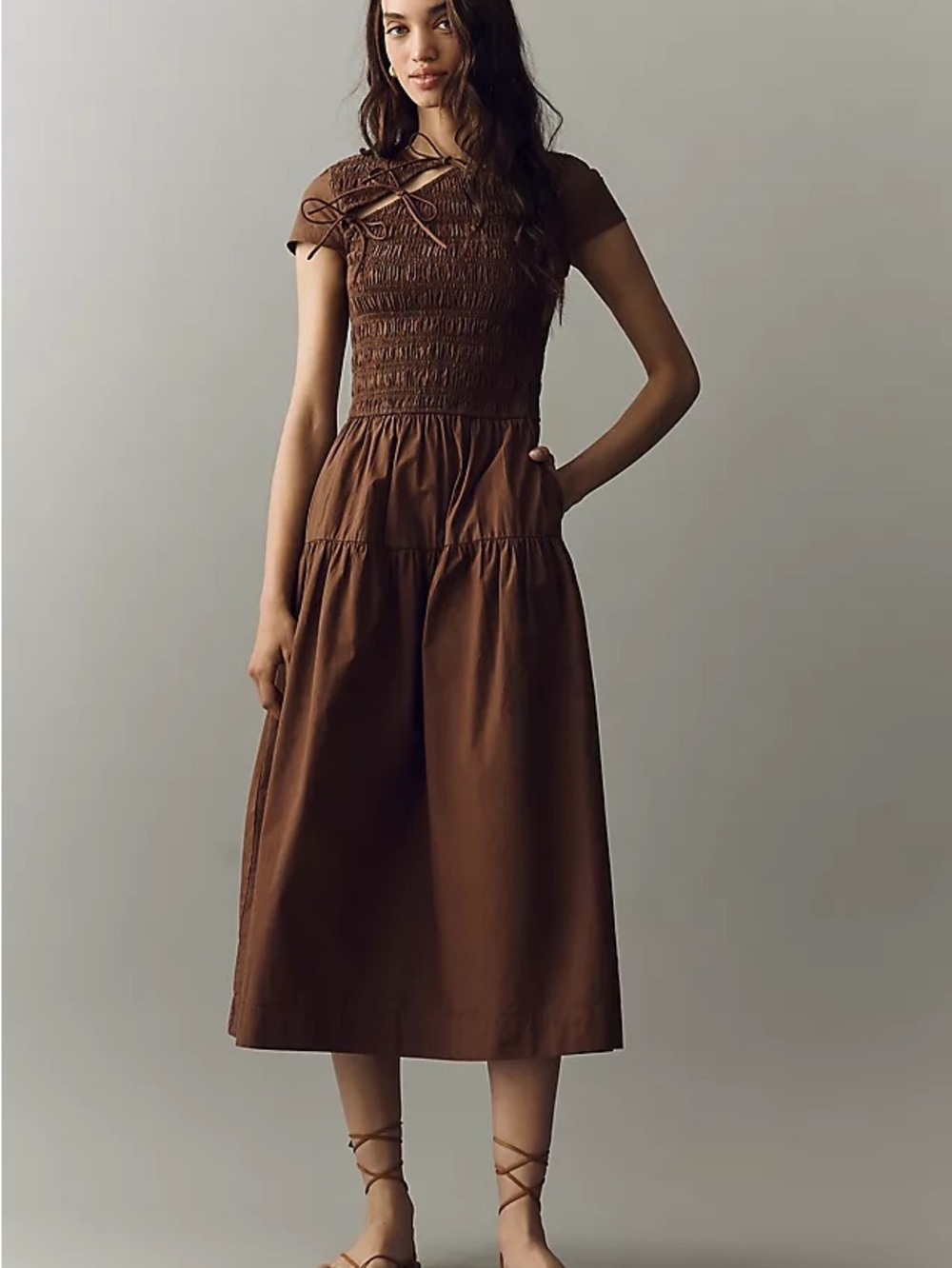 Damson Madder Ebba Brown Smocked Midi Dress US 8